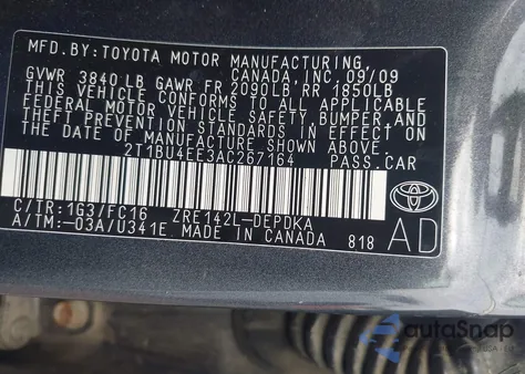 2010 Toyota Corolla Le из США, поврежденный, VIN 2T1BU4EE3AC267164